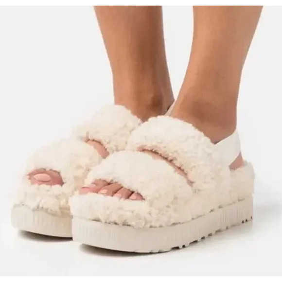 Ugg Oh Fluffita Sherpa Platform Sandals Natural Beige Sheepskin Size 11 Slides - Picture 12 of 16